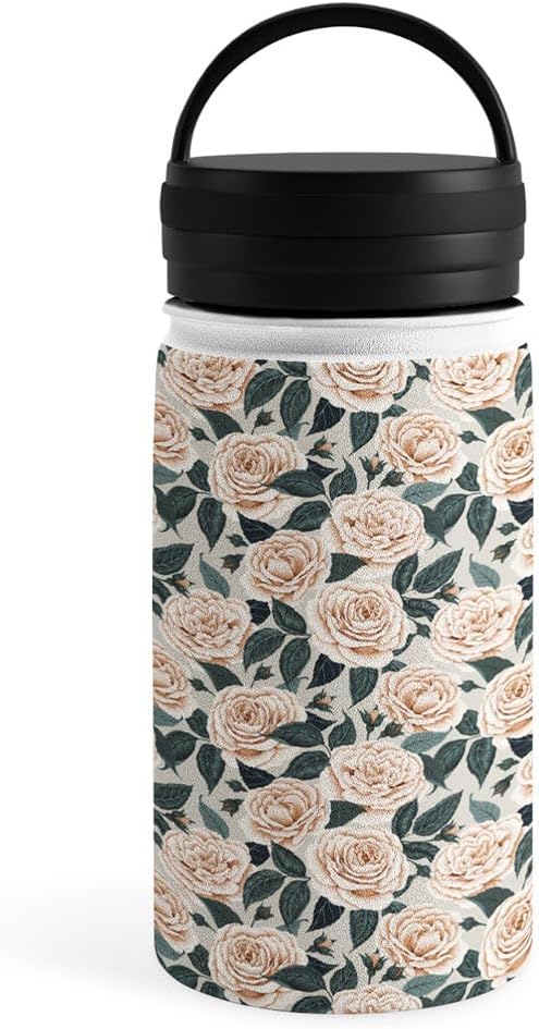 Deny Designs Water Bottle, Handle Lid 12 oz, Avenie A Realm of Roses White