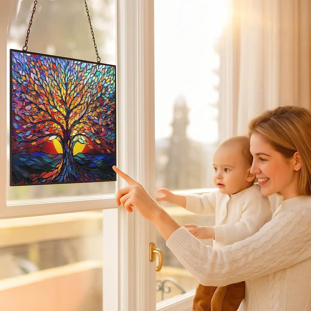 Rectangle Tree of Life Stained Glass Window Hanging Window Suncatcher Glass Panel with Metal Chain Sun Catchers Wall Art Home Decor Gift for Women Mother's Day