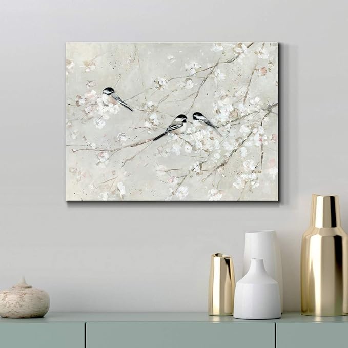 Renditions Gallery Canvas Nature Wall Art Modern Decorations Paintings Elegant Little Birds Glam Romantic Abstract Botanical Artwork Prints for Bedroom Office Kitchen - 18"x27" LT33