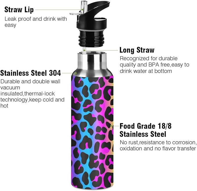senya 34 Oz Water Bottle with Straw Leopard Print Cheetah Neon Gradient Stainless Steel Water Bottle for Traveling Sports Leakproof Insulated Water Bottle