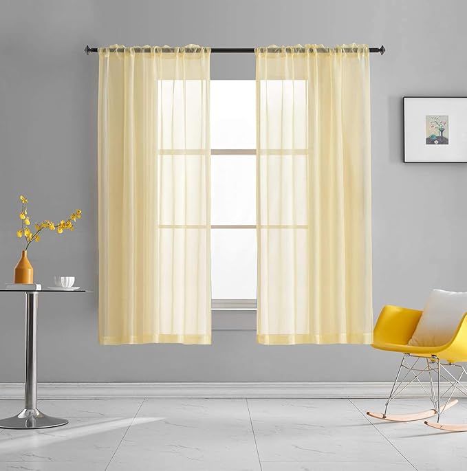 Light Yellow Sheer Voile Curtains Translucent Solid Color Window Treatment 63 Inch Length Panels Rod Pocket Light Yellow Sheers for Bedroom Living Room 2 Panels 52x63