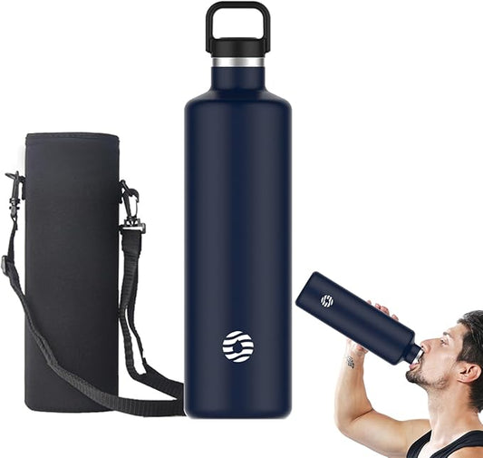 60oz Water Bottle with Carrier Bag, Large Insulated Water Bottle, Stainless Steel Water Bottles, Double Walled Insulated Thermo for Hot Drinks/Cold Drinks, Great for Gym, Hiking, Camping (Navy Blue)