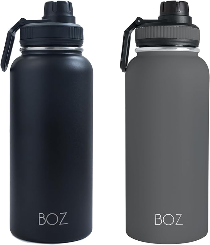 BOZ Stainless Steel Water Bottles 2 Pack Bundle - Grey Water Bottle + Black Water Bottle - Vaccum Insulated Water Bottles 32 Oz - Wide Mouth BPA Free Sport Water Bottles for Gym with Spout Lid