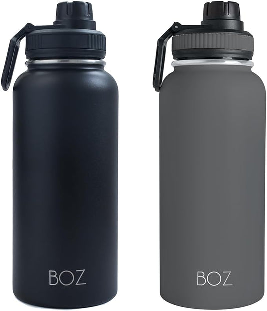 BOZ Stainless Steel Water Bottles 2 Pack Bundle - Grey Water Bottle + Black Water Bottle - Vaccum Insulated Water Bottles 32 Oz - Wide Mouth BPA Free Sport Water Bottles for Gym with Spout Lid