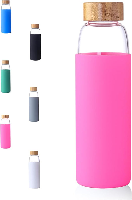 Laster Glass Water Bottle 20 Oz, 600 ml, made of Borosilicate Glass, 1 Bamboo & 1 Stainless Steel Lid, BPA Free, Non-Slip Silicone Sleeve (Barbie Pink)