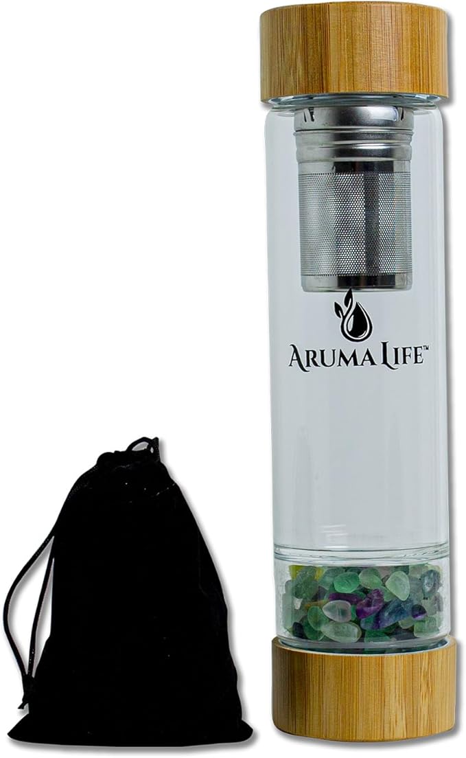Crystal Water Bottle plus Loose-Leaf Tea/Fruit Infuser, Safe for Hot and Cold Drinks, Eco-friendly Plus BONUS Protective Sleeve & Extra Set of Crystals Coloured Fluorite & Yellow Jasper