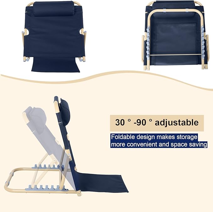 Lifting Bed Backrest Portable Folding Adjustable Sit up Back Rest Multifunction Chair for Bed Change Angle of Backrest for Elderly Patients Back Neck Lumbar Support (Dark Blue,23.6 Inch)