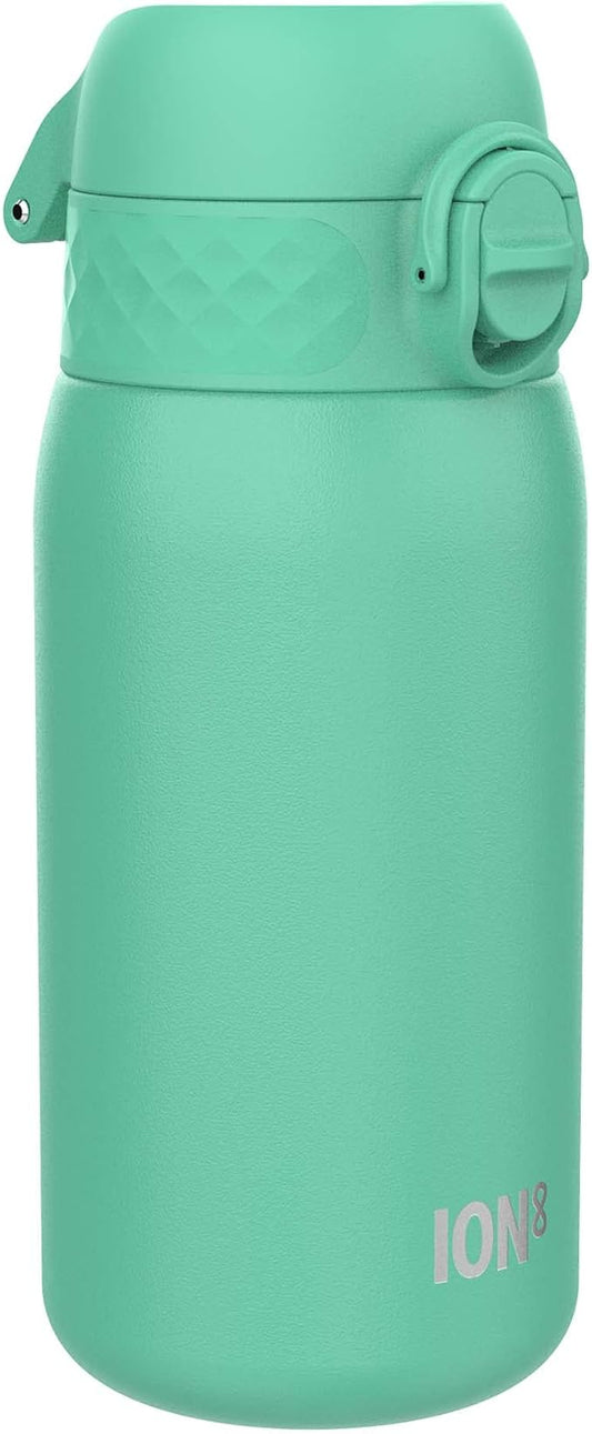 Ion8 Kids Water Bottle, Steel 400 ml/13 oz, Leak Proof, Easy to Open, Secure Lock, Dishwasher Safe, Flip Cover, Carry Handle, Easy Clean, Durable, Scratch Resistant, Carbon Neutral, Teal Green