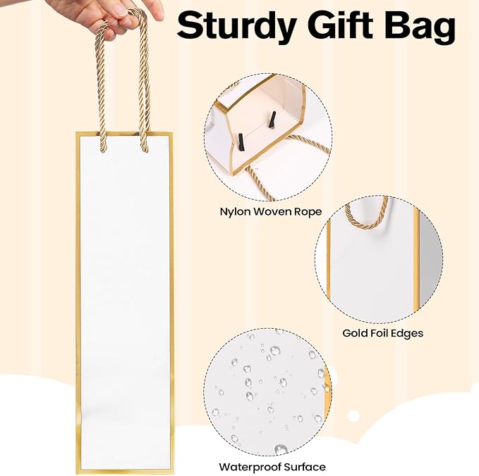 ISKYBOB 10 Packs Wine Gift Bag with Handle, Single Bottle Bags for Wine Kraft Paper Wine Bottle Gifts Box Reusable Gold Foil Gift Wine Bag for Housewarming, Business Dinner, Birthday Party (White)