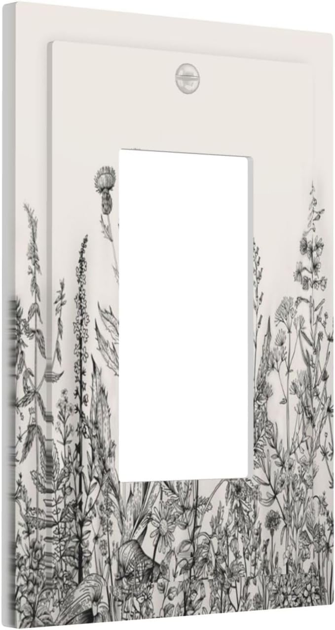 Vintage Grey Floral Herbs Wild Flowers Botanical 1 Gang Rocker Boho Light Switch Covers Decorative Country Unique Single Decora Outlet Wall Plate Faceplate Switchplate GFCI for Bedroom