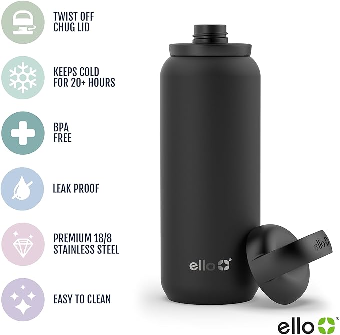 Ello Cooper Twist 22oz Stainless Steel Water Bottle with Chug Lid | Leak Proof Double Walled and Vacuum Insulated | Fits Car Cupholder | Built in Carry Loop | Dishwasher Safe | White Marble