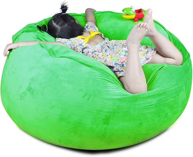 Bean Bag Chair Cover, Stuffed Animal Storage, Plush Toys Organizer Holder, Beanbag Chairs Cover for Kids Teans and Adults Super Soft and Comfortable Fabric X-Large with Handle and Zipper -Round Green