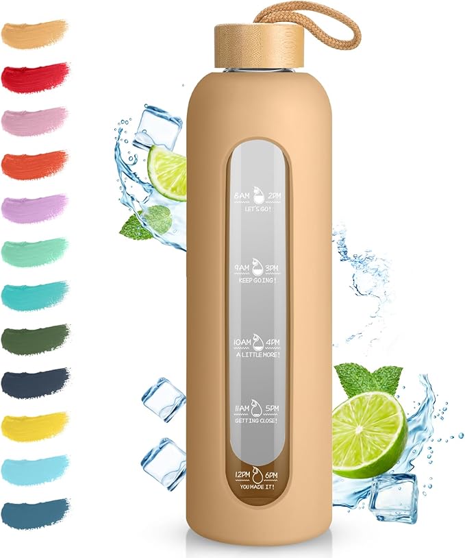 Sursip 32 oz Glass Water Bottle with Time Marker,1 Liter BPA-Free Reusable Motivational Water Bottle with Non-Slip Silicone Sleeve and Bamboo Lid, Ice Cube Tray, Leak-Proof, Dishwasher Safe