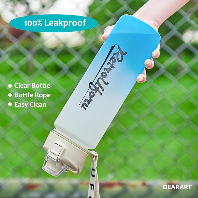 DEARART 32oz White&Blue Water Bottle With Motivational and Time Marker, BPA FREE Quick Drink No Straw, Easy Clean Suit Sports Office Gym School ect.