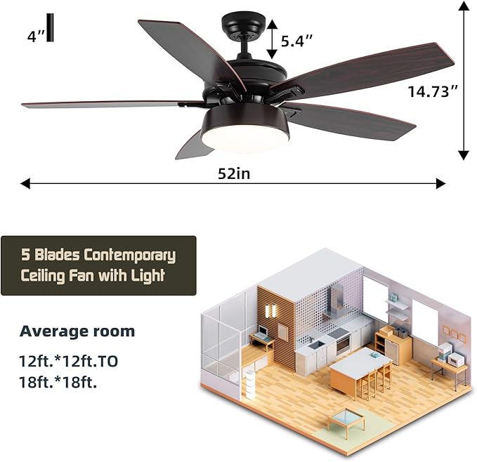 Ceiling Fans with Lights, 52 inch Ceiling Fan with Light and Remote Control, Reversible Flush Mount Ceiling Fan, Dimmable 5 Blades Low Profile Ceiling Fan for Living Room Bedroom