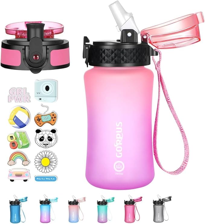 GOPPUS Kids Water Bottle with Straw Spout Lid 10pcs Stickers 12 oz Leak-proof BPA Free Motivational Time Marker Tritan Plastic Water Bottles for Girls Boys School Sports