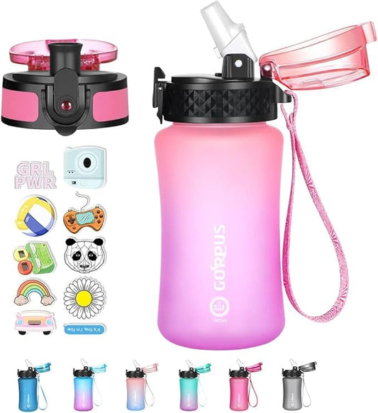 GOPPUS Kids Water Bottle with Straw Spout Lid 10pcs Stickers 12 oz Leak-proof BPA Free Motivational Time Marker Tritan Plastic Water Bottles for Girls Boys School Sports