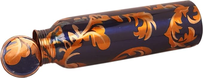 Pure Copper Water Bottle - Handcrafted - Ayurveda health benefits - Large 35 oz - Leak proof - Easy to carry for Sports, Fitness, Yoga, School - Royal Blue Base Floral Golden Vines Enamel