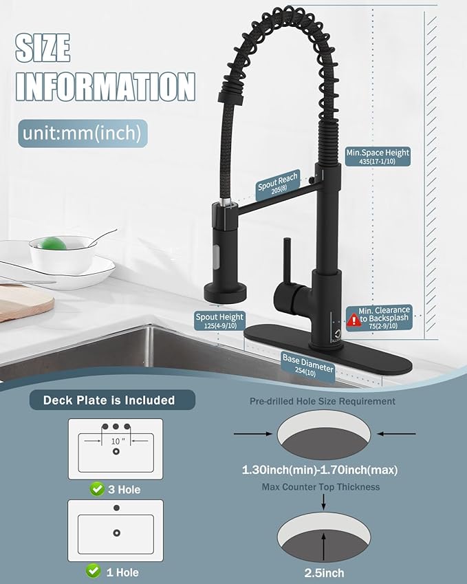 Kitchen Faucet Set, Black Kitchen Sink Faucets with Pull Down Sprayer and Soap Dispenser, Single Handle Stainless Steel Faucets for Kitchen Sinks, Farmhouse Kitchen Faucets with Deck Plate