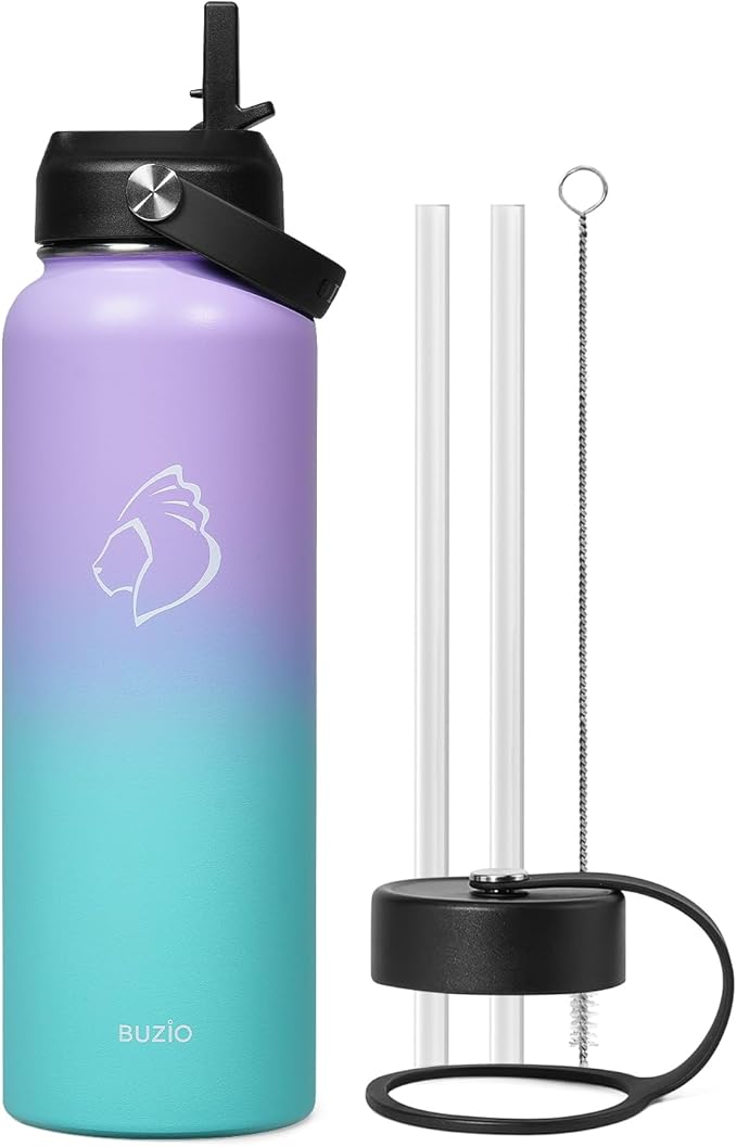 BUZIO 40oz Insulated Water Bottle, Stainless Steel Double Wall Water Flask (Cold for 48 Hrs) Leak Proof Sports Bottles Jug with Straw Lid Flex Cap Metal Canteen for Gym Travel Camping,Purple Green