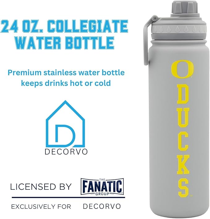 Oregon Ducks Water Bottle - Gray Double Walled Stainless Steel 24 oz Keeps Drinks Cold or Hot