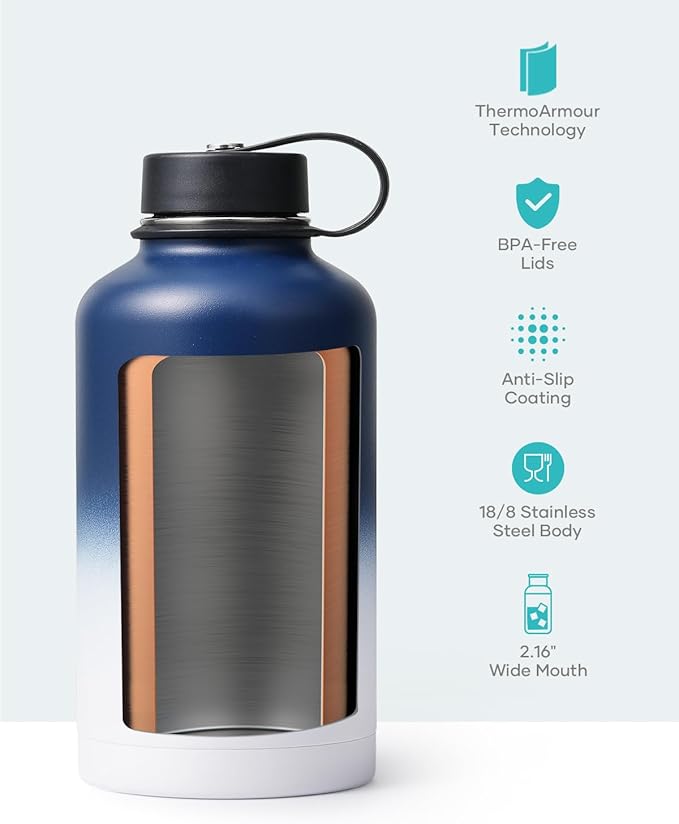 BUZIO Vacuum Insulated Stainless Steel Water Bottle 64oz (Cold for 48 Hrs/Hot for 24 Hrs) BPA Free Double Wall Travel Mug/Flask for Outdoor Sports Hiking, Cycling, Cam,Camping, Running, Tuxedo