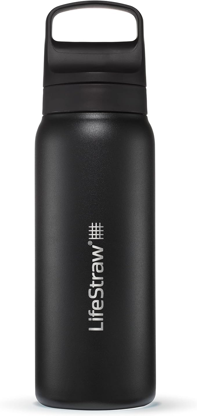 LifeStraw Go Series – Insulated Stainless Steel Water Filter Bottle for Travel and Everyday use removes Bacteria, parasites and microplastics, Improves Taste, 24oz Nordic Noir