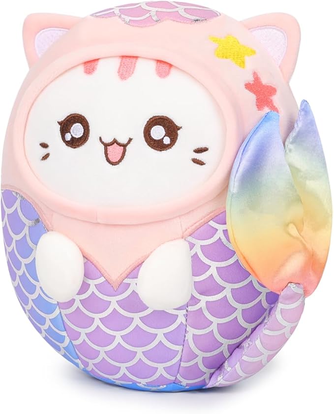 Cute Plush Mermaid Cat Stuffed Animal Pillow, 8" Soft Kawaii Kitten Plushie with Mermaid Outfit Gift for Kids