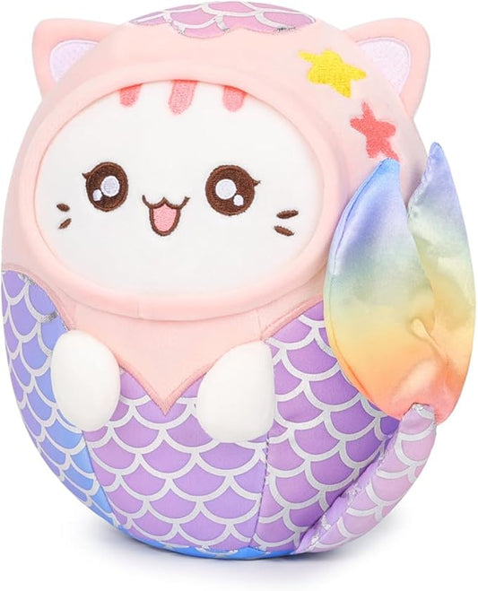 Cute Plush Mermaid Cat Stuffed Animal Pillow, 8" Soft Kawaii Kitten Plushie with Mermaid Outfit Gift for Kids