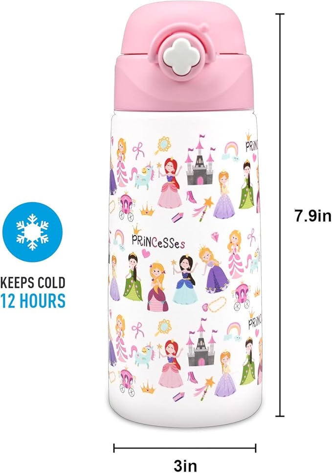 Kids Insulated Water Bottle with Covered Pop-Up Straw,16oz Kids Cups with Stainless Steel Leak Proof for School Boys Girls（2-Princess）