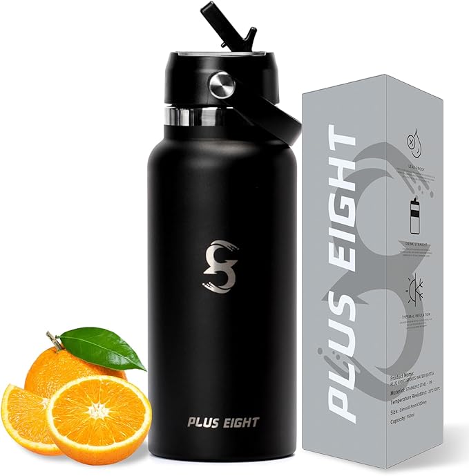 Sports Water Bottle, 32 oz Insulated Water Bottle With Straw, Stainless Steel Water Bottle Wide Mouth for Sports, Gym or Office, BPA-Free Keep Cold 24H Hot 12H (Black)