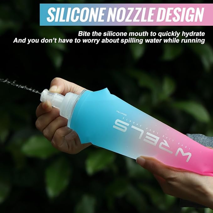 Collapsible TPU Soft Flask，Reusable Handheld Soft Water Bottle for Hydration Pack,BPA Free Gradient Folding Water Flask for Running Cycling Climbing (Light Blue&Pink-500ml*2)