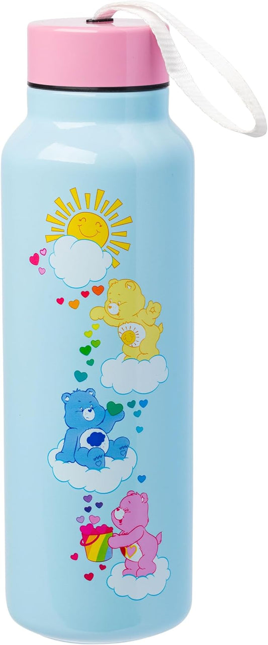 Silver Buffalo Care Bears Sun Shower Stainless Steel Blue Water Bottle with Strap, Features Cheer Bear, Funshine Bear, and Tenderheart Bear, 27 Ounces