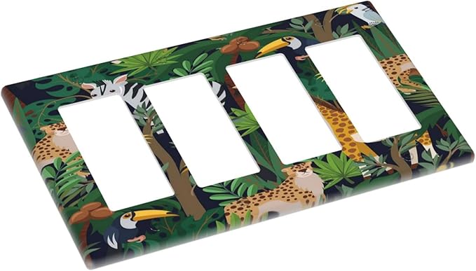 Cartoon Animal Zebra Leopard Giraffe Bird Leaf 4 Gang Rocker Decora Nursery Light Switch Cover Decorative Outlet Covers Wall Plate Electrical Faceplate Switchplate GFCI for Kidroom Decor