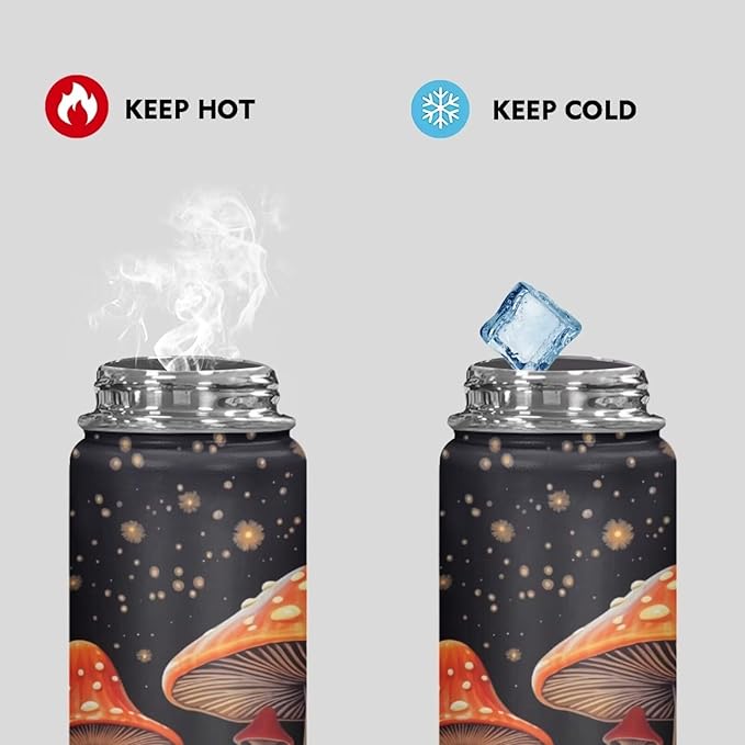Mushroom Insulated Water Bottle for Women Men 18 Oz Vacuum Water Bottle for Hot & Cold Drinks, Wide Mouth, Great for Travel, Hiking & Camping