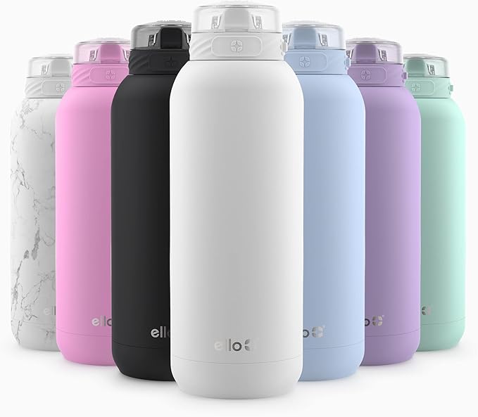 Ello Cooper 40oz Stainless Steel Water Bottle with Straw and Carry Handle, Double Walled and Vacuum Insulated Metal, Leak Proof Locking Lid with Soft Silicone Spout, Reusable, BPA Free, White
