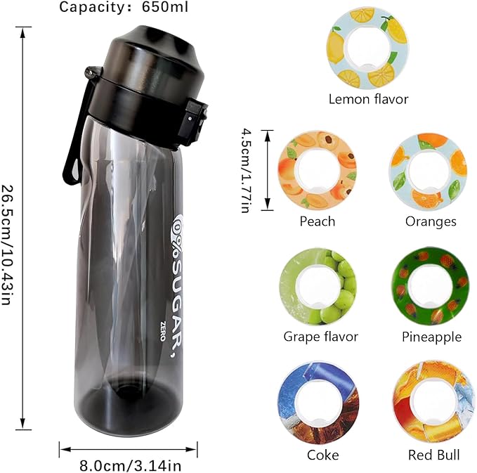 Water Bottle with 7Pcs Air Flavor Pods, Air Bottle Pods Water Bottle, Flavor Caps with Water Bottle, Fruit Scent Pods for Outdoor Sport(Black-7 Pods)