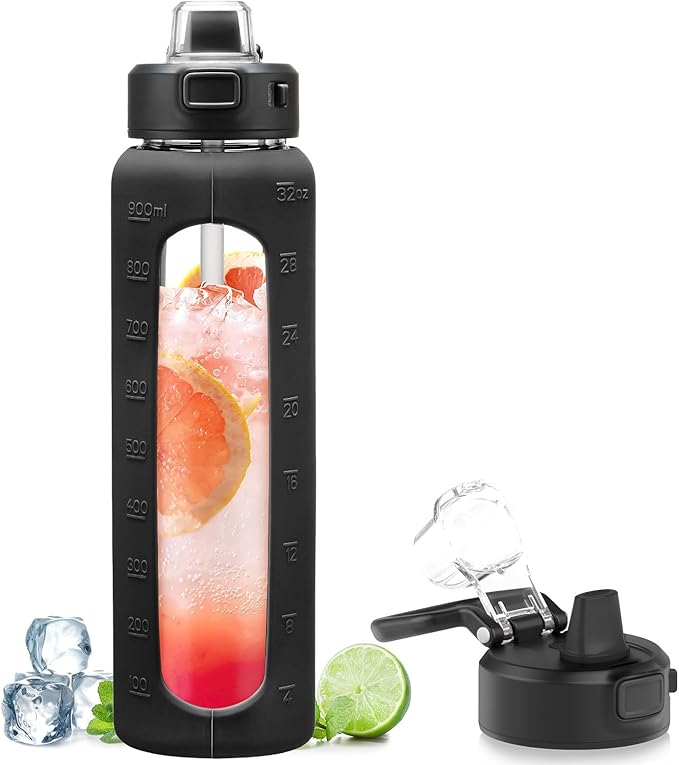 Kodrine Water Bottle with Soft Straw and Carry Loop, 32 oz Glass Water Bottle with Locking Lid, Clear Water Bottles Sports, Drinking Bottle for Travel Home Gym, Leakproof(Black)