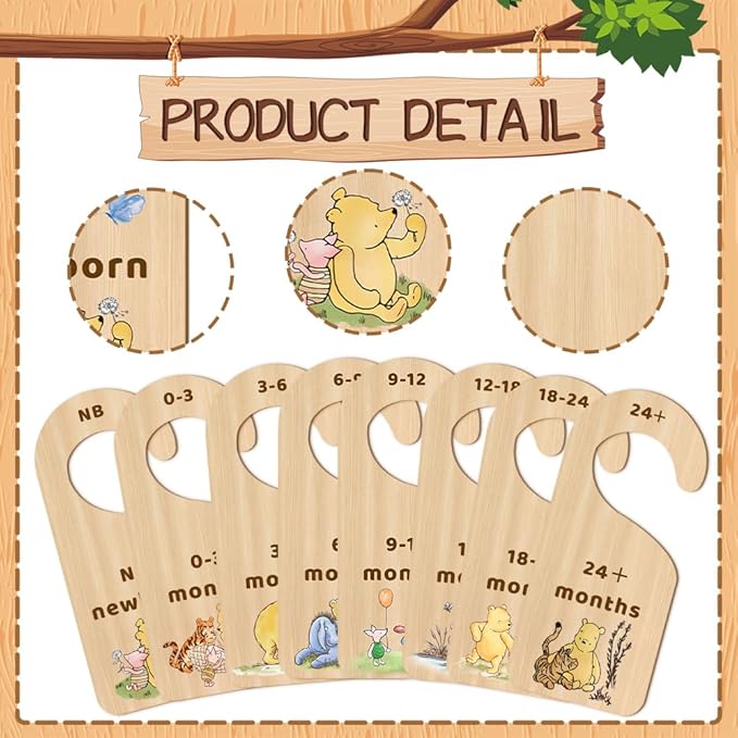 Classic Winnie Baby Closet Dividers, Pooh Bear Double Sided Baby Clothes Organizer for Baby Nursery Decor Wooden Hanger for Newborn Baby Stuff from 0-24+ Months - 8 Pcs