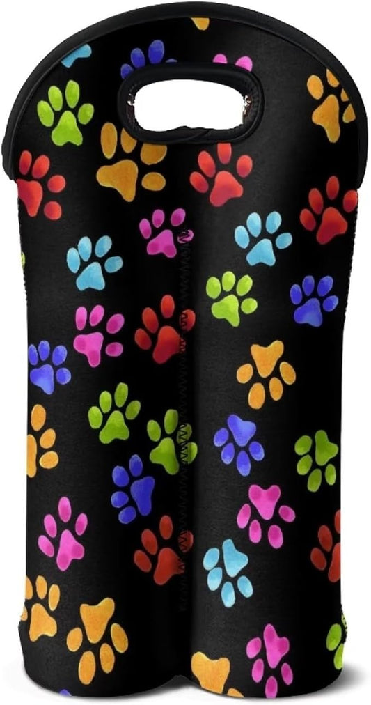 doginthehole Dog Paw Print Wine Carrier Tote 2 Bottle Insulated Wine Tote Cooler Bag Neoprene Wine Bottle Sleeve Portable Wine Gift Bag for Travel Champagne Wine Tasting Party