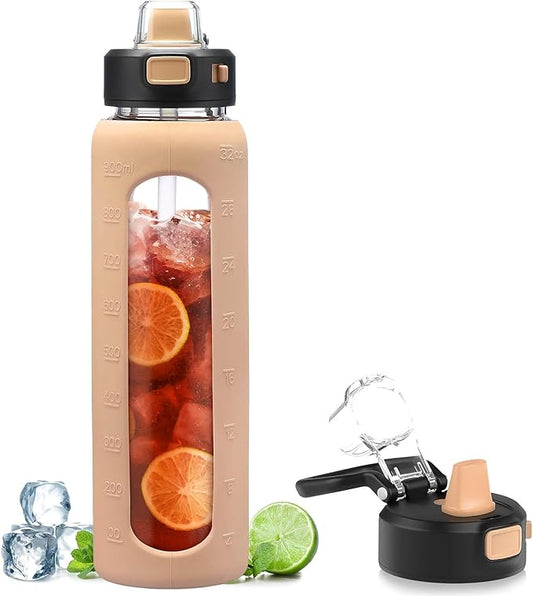 Kodrine Water Bottle with Soft Straw and Carry Loop, 32 oz Glass Water Bottle with Locking Lid, Clear Water Bottles Sports, Drinking Bottle for Travel Home Gym, Leakproof(Amber)