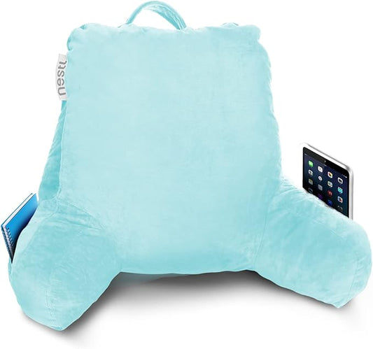 Nestl Reading Pillow Standard Bed Pillow, Back Pillow for Sitting in Bed Shredded Memory Foam Chair Pillow, Reading & Bed Rest Pillows Light Blue Back Pillow for Bed, Bed Chair Arm Pillow with Pockets