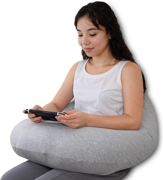 QUEEN ROSE Reading Pillow for Gaming, Lap Desk Pillow for Sitting in Bed or Sofa, Compact Arm Support Pillow for Reading, Playing or Crocheting, Cooling Grey
