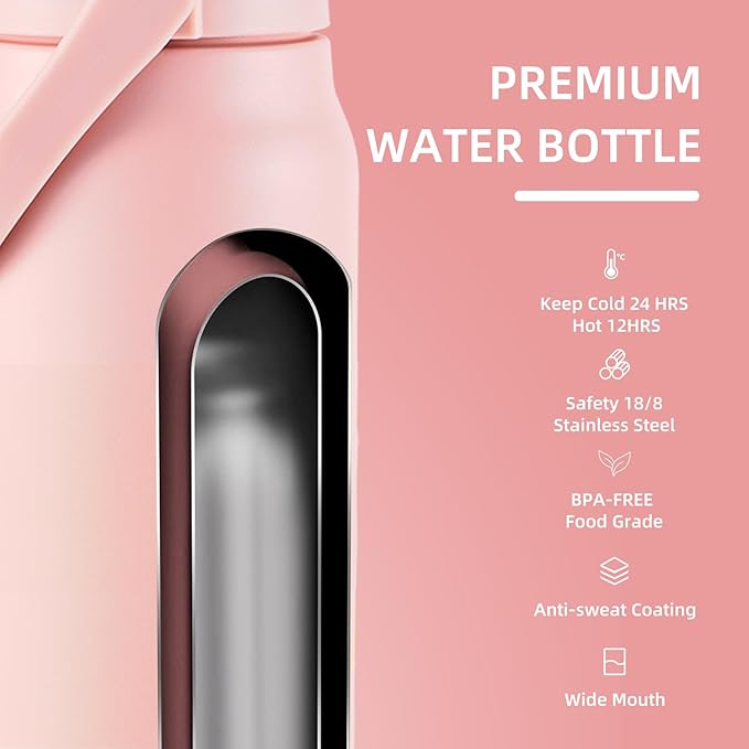 ColorSub 50oz Insulated Water Bottle With 2-in-1 Straw and Chug Leakproof Lid, BPA Free Stainless Steel Wide Mouth Sports Water Cup Flask Pink
