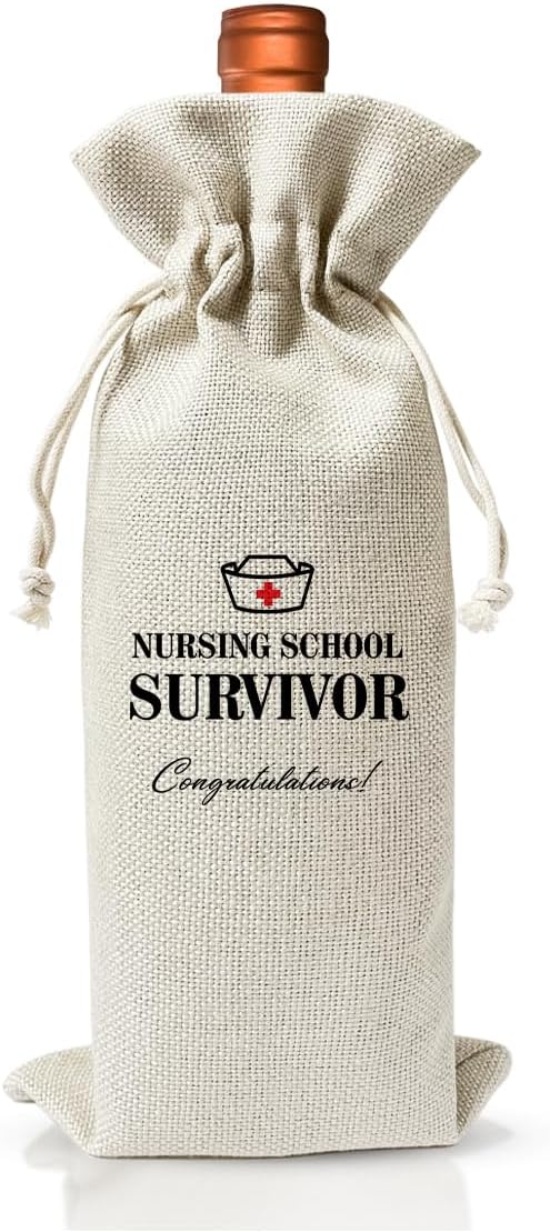 Nurse Graduation Gift Wine Bag For Women Men, Nursing School Survivor, Nursing School Graduation Party Decoration Favors, Funny Nurse Appreciation Gift, Cotton Linen Wine Gift Bag With Drawstring