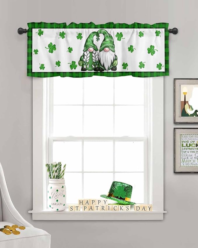 Gnome St. Patrick's Day Kitchen Curtains Valances for Windows Buffalo Plaid Shamrock Rod Pocket Window Treatment for Kitchen /Living Room/Bedroom/ Bathroom, 42" X 18", Seasonal Spring Holiday
