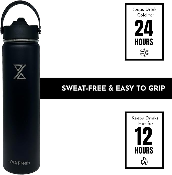 Yaa Fresh 24Oz BPA-Free 24 Hr Cold/12 Hr Hot Insulated Stainless Steel Sports Water Bottle with Straw and Lid, Food-grade Double Walled, Leakproof, Insulated Thermos, Wide Mouth for Men, Women & Kids