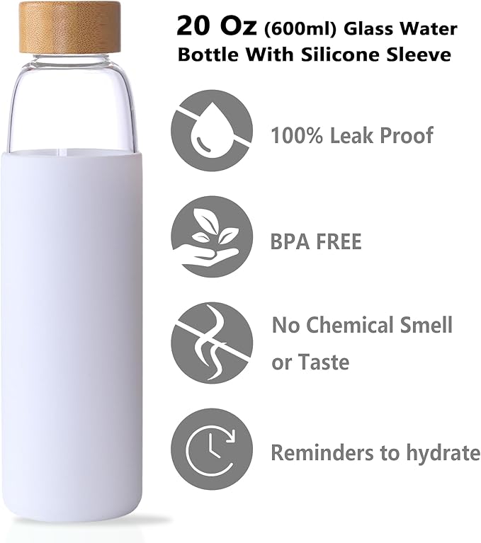 Laster Glass Water Bottle 20 Oz, 600 ml, made of Borosilicate Glass, 1 Bamboo & 1 Stainless Steel Lid, BPA Free, Non-Slip Silicone Sleeve (White)