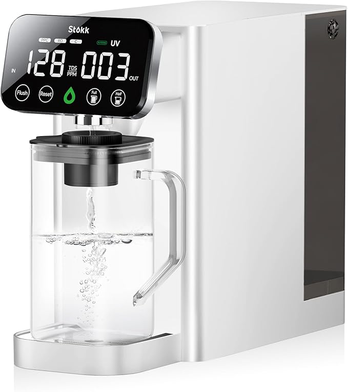 Stokk T1 Lite UV Reverse Osmosis Water Filter Countertop, Reverse Osmosis System with Carafe Alkaline Boost, 6-Stage RO Water Filtration System, NSF/ANSI 58&372, Reduce TDS PFAS Water Purifier (White)