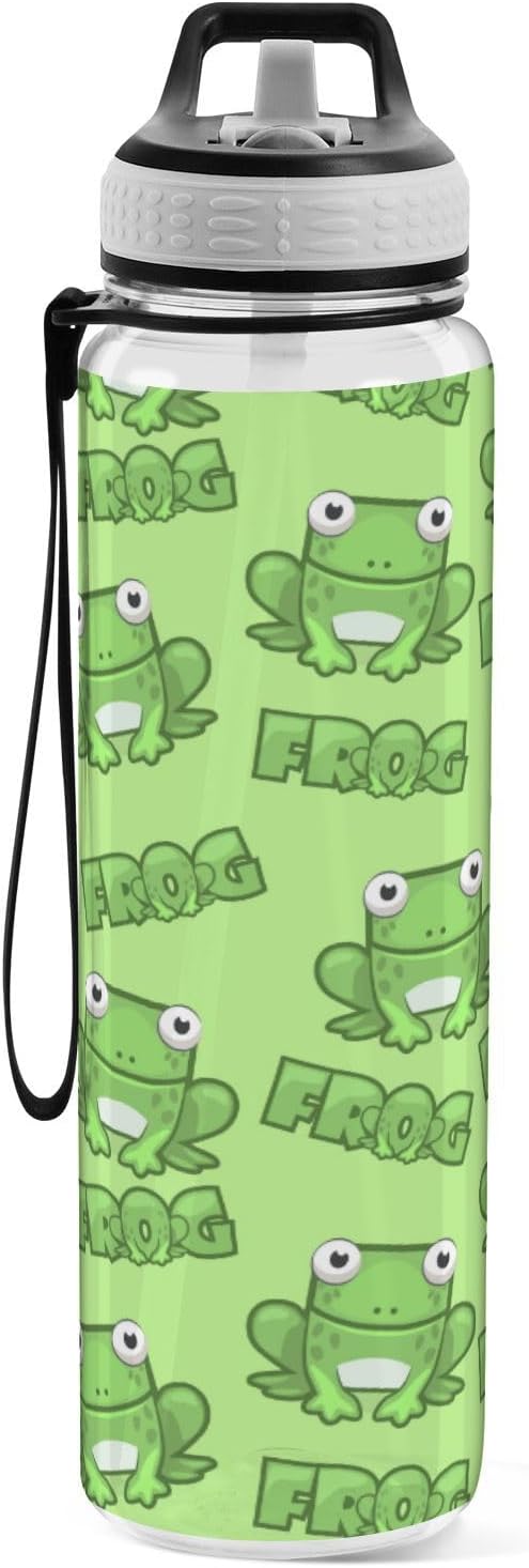 Water Bottle with Straw Kawaii Frogs Green Sports Bottles BPA-Free Tritan Water Jug with Carrying Strap for Women Men Gym Outdoor Sports